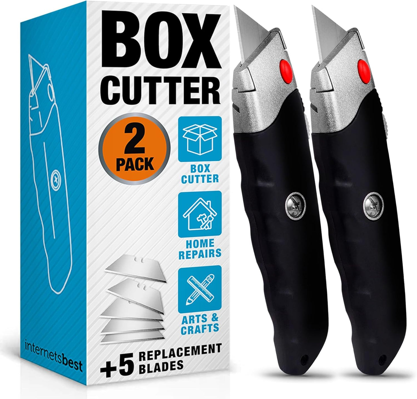 INTERNET'S BEST Premium Utility Knife Set | Retractable Box Cutter with Rubber Handle | Heavy-Duty Cutting for Cardboard, Carpet, Plastic | Retractable Blade | Includes 2 Razor Knives & Extra Blades