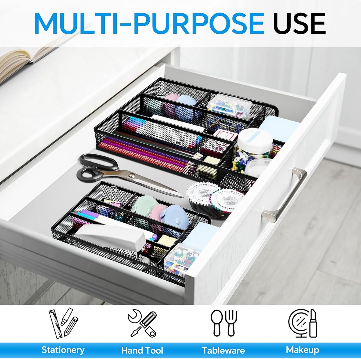 Desk Drawer Organizer, Office Drawer Divider Organizer Tray with 6 Compartments, Metal Mesh Desktop Organization and Accessories for Stationery Makeup Kitchen Toolroom School ＆ Office, 11x6.1x1.38 in