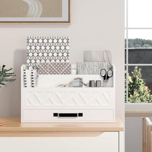 Bamboo Mail Organizer Countertop Wood Desk Organizer Drawer Tabletop Storage Box Letter Sorter Makeup Organizer for School Home Office Supplies White