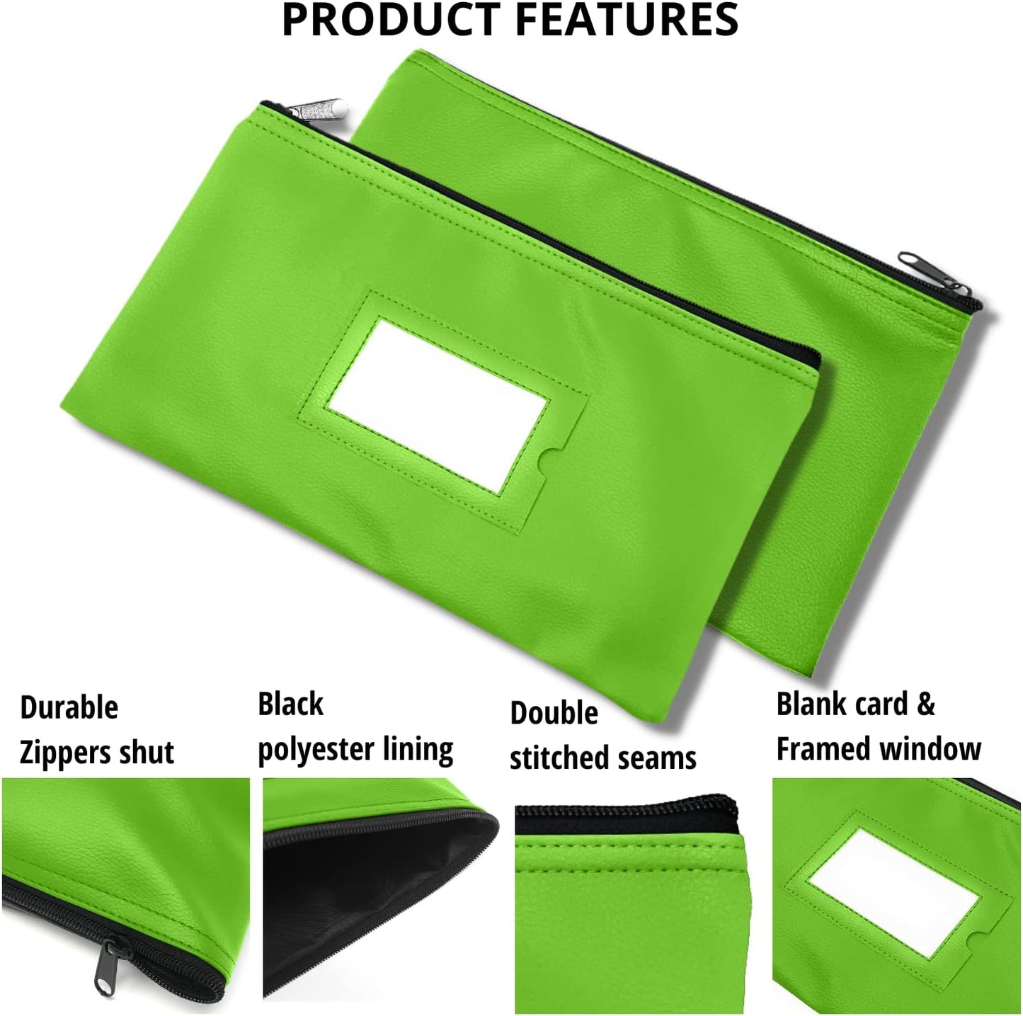 Money Bank Deposit Bag with Zipper | 11x6 inch | Light Green | Durable Leatherette Money Cash Coin Check Wallet Pouch for Men & Women with Framed ID Window and Blank Card | by GIDABRAND (3)