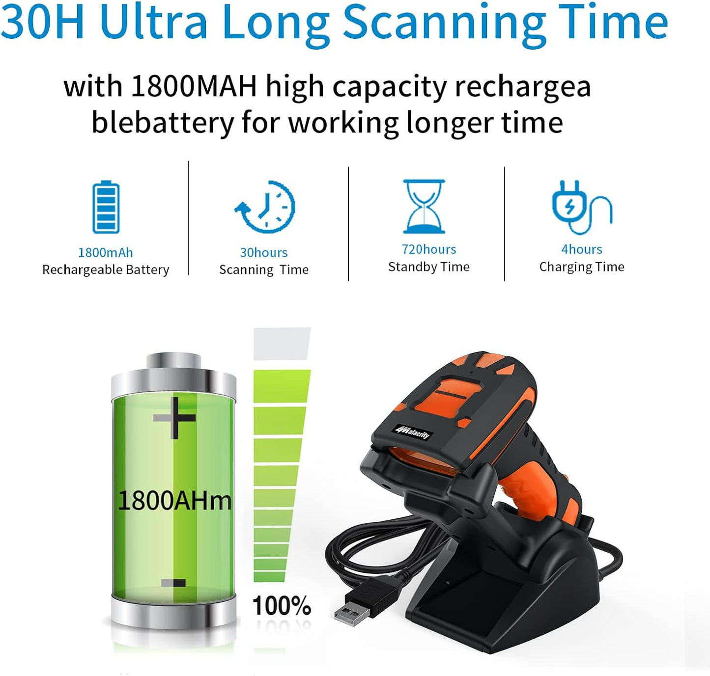 Alacrity 2D Industrial Wireless Barcode Scanner with Charging Stand, Bluetooth Drop Resistant, 1968 Feet Transmission Distance 433Mhz QR 1D Bar Code Reader