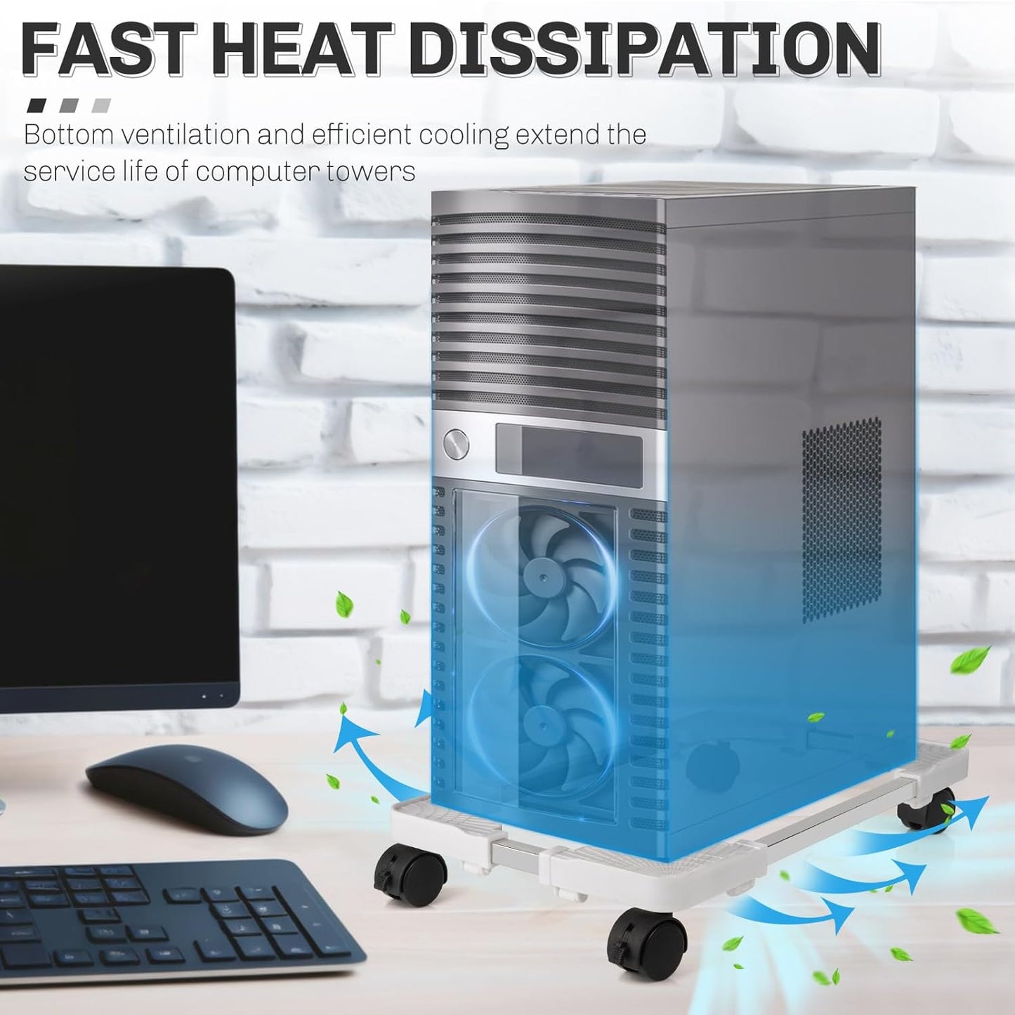 Liitrton Mobile CPU Stand Adjustable Computer Tower Stand with 4 Caster Wheels Fits Most PC (White)