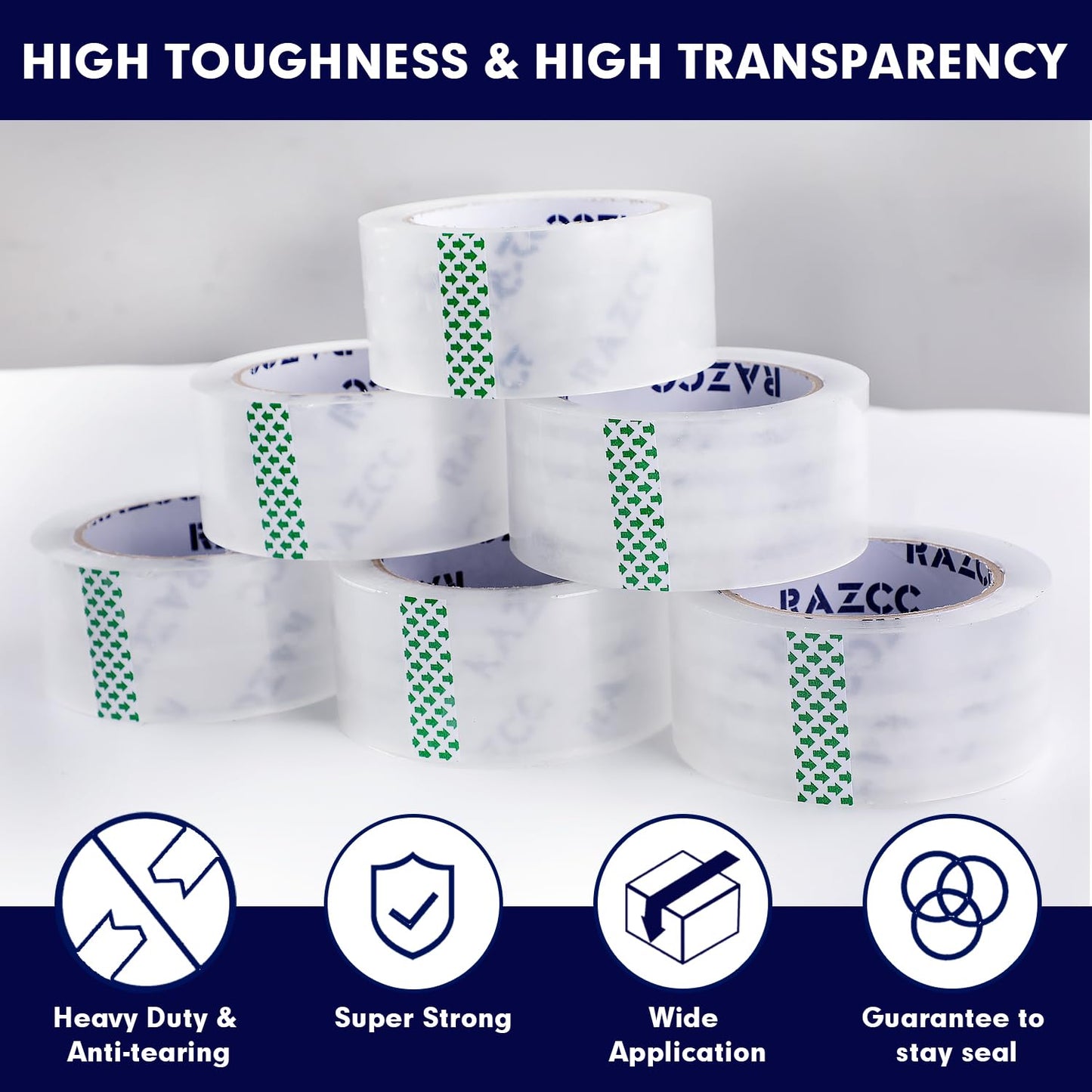 Packing Tape, 18 Rolls Clear Heavy Duty Packaging Tape with Dispensers for Packing, Shipping, Moving and Mailing, Thicker Sealing Tape-1.88" x 65 Yards Per Roll, 1170 Total Yards