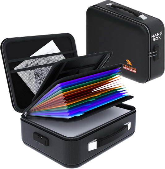 TIGERKING Fire Proof Document Safe Box with Lock and Handle – Fireproof Document Box Organizer with Hard Shell, Portable Fireproof Safe for Home Documents, Certificates, Laptop, and File Storage-Black