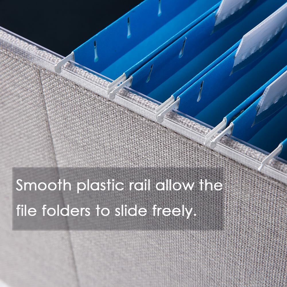 PRANDOM File Organizer Box - Set of 4 Collapsible Decorative Linen Filing Storage Hanging File Folders with Lids Office Cabinet Letter Size Light Grey (15x12.2x10.75 inch)
