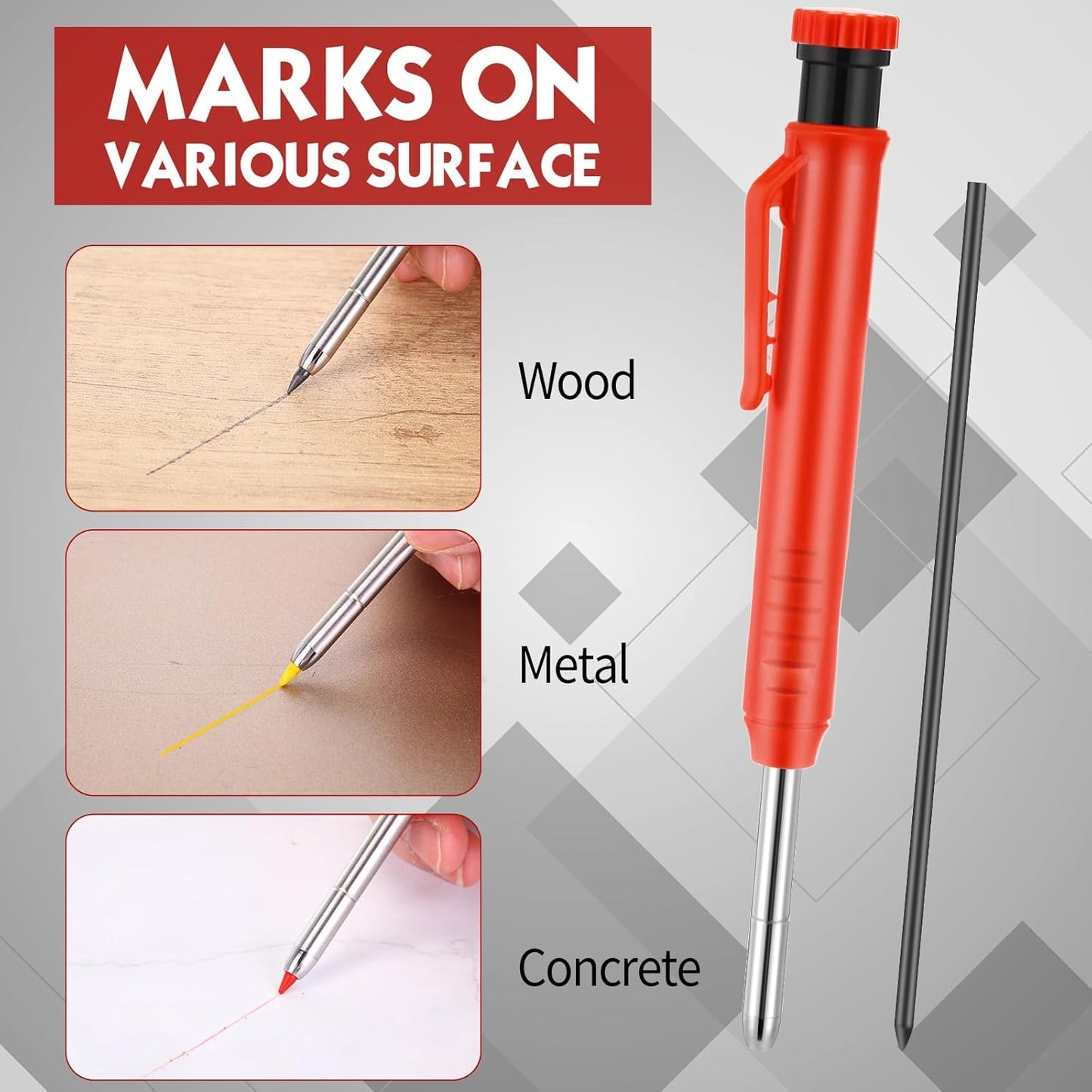 8 pack 2.8mm Mechanical Carpenter Pencils with 48 Refills, Construction Pencils with Built-in Sharpener, Long Nib Deep Hole Marker, Heavy Duty Woodworking Tools (Black+red)