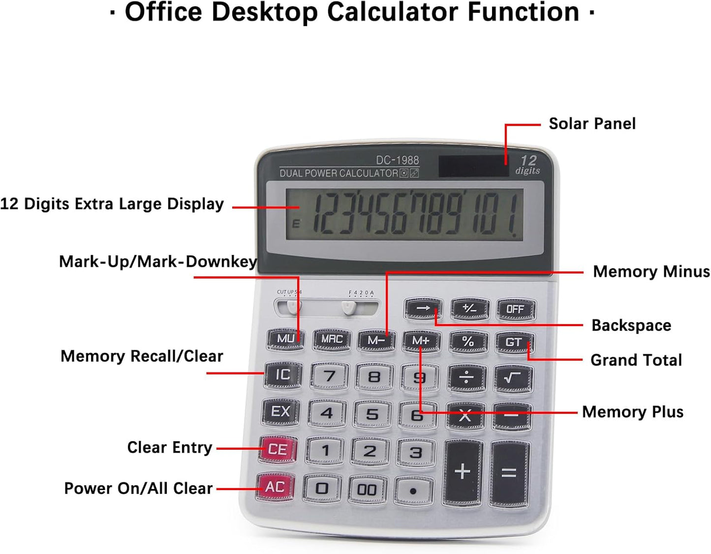 OFFIDIX Desk Calculator 12 Digits Extra Large LCD Display,Big Buttons Dual Power Solar Calculator for Office,Work,Business,Home and School
