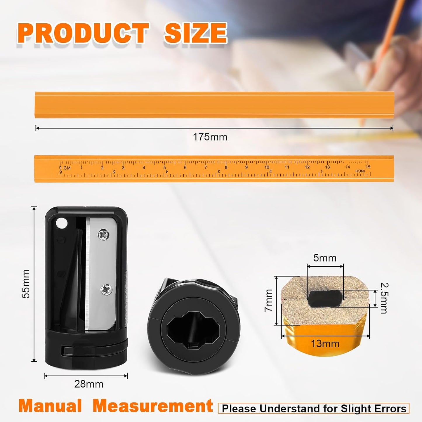 Honoson 200 Pcs Flat Construction Pencils with Printed Ruler Wood Graphite 2 Pcs Carpenter Pencil Sharpener for Woodworking Marking Tool(Wood)