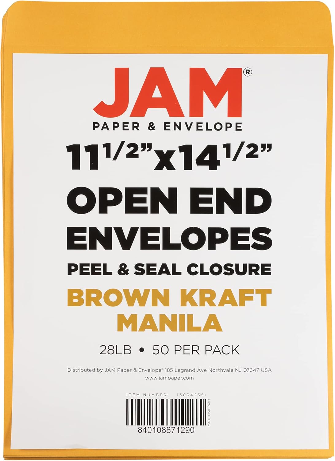 JAM PAPER 11 1/2 x 14 1/2 Open End Catalog Commercial Envelopes with Peel and Seal Closure - Brown Kraft Manila - 50/Pack