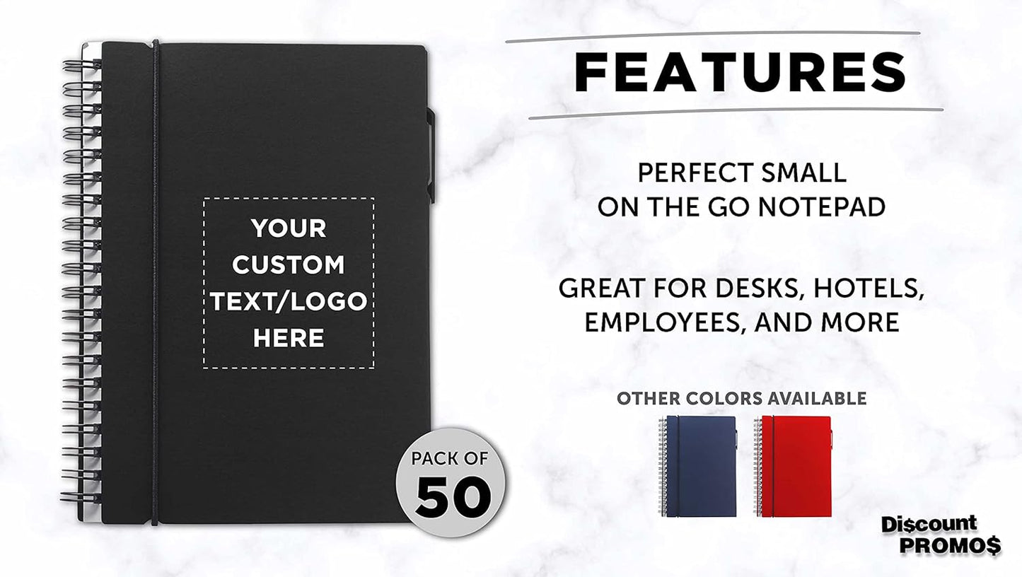 DISCOUNT PROMOS Custom Spiral Notebooks with Elastic Closure Set of 50, Personalized Bulk Pack - Perfect for School, Office, Business and More - Black