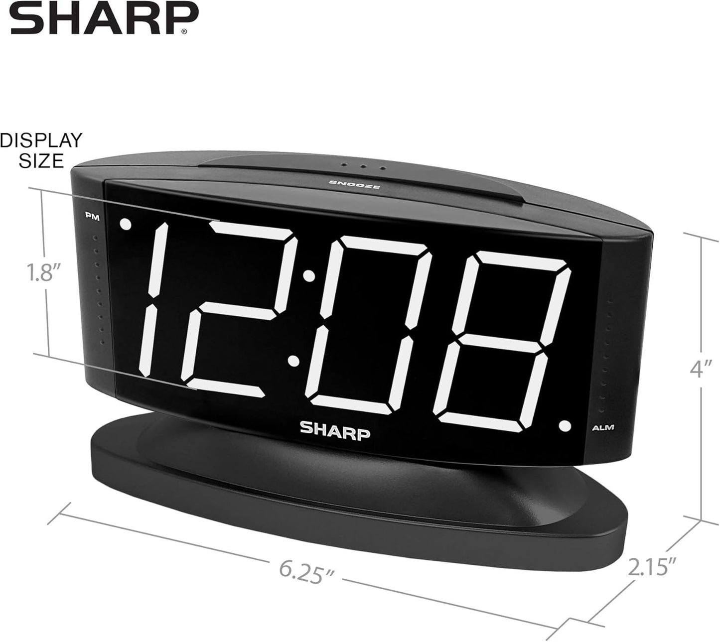 Sharp Home LED Digital Alarm Clock – Swivel Base - Outlet Powered, Simple Operation, Alarm, Snooze, Brightness Dimmer, Big White Digit Display, (Black-White LED)