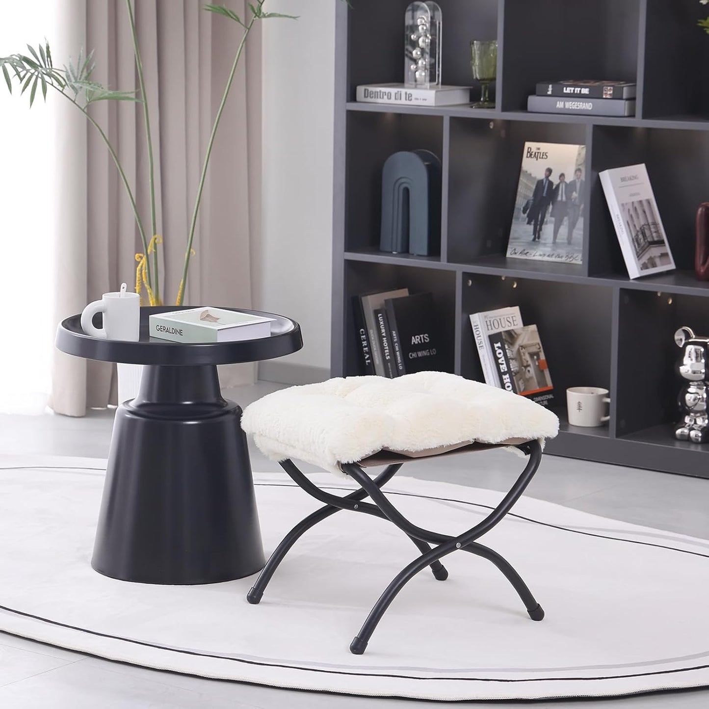 LITA Folding Upholstered Footrest Stool, Modern Small Portable Accent Ottoman with Detachable Thick Cotton Cushion Padded Sofa Stool with Metal Frame for Lazy Chair, Living Room & Bedroom, Plush Beige