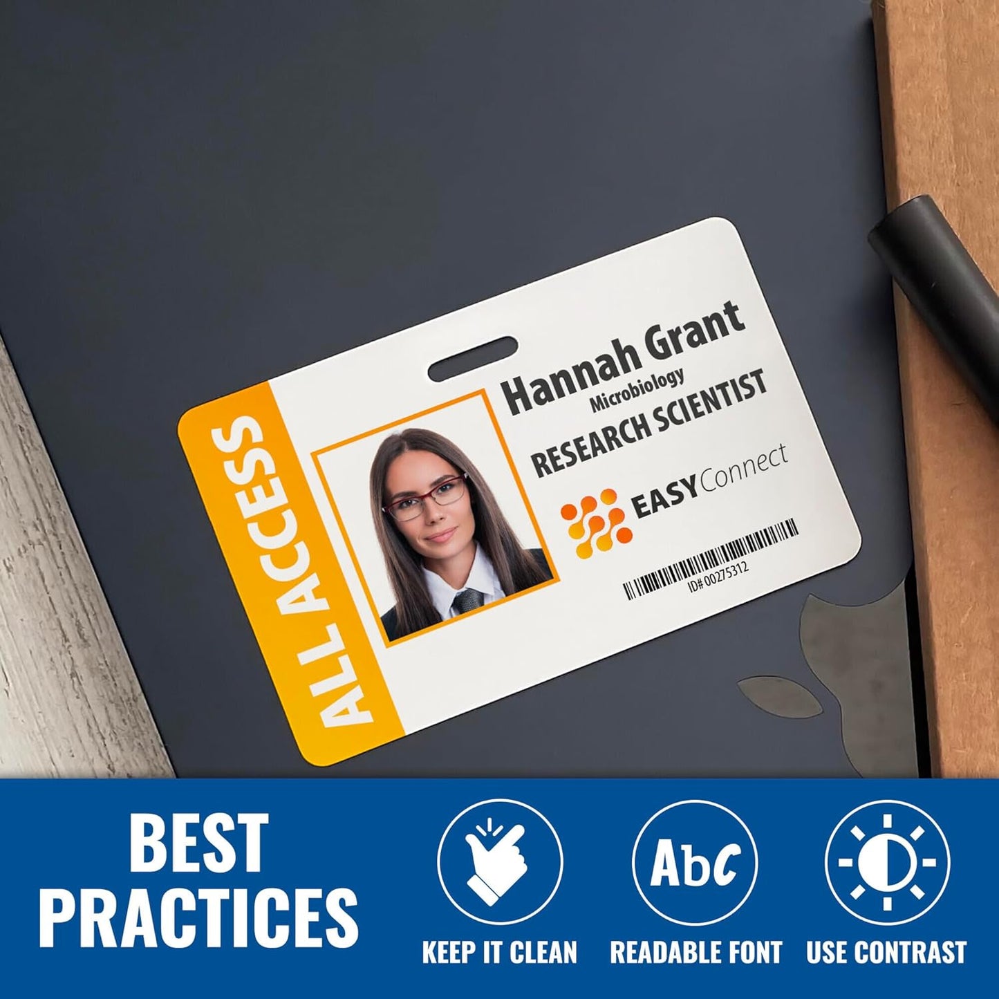 Custom Print Employee ID Badge with Vertical Side Text, Double Sided Print with Name, Photo, Logo, and Barcode – Unique Photo ID Card Solution (ID Horizontal)