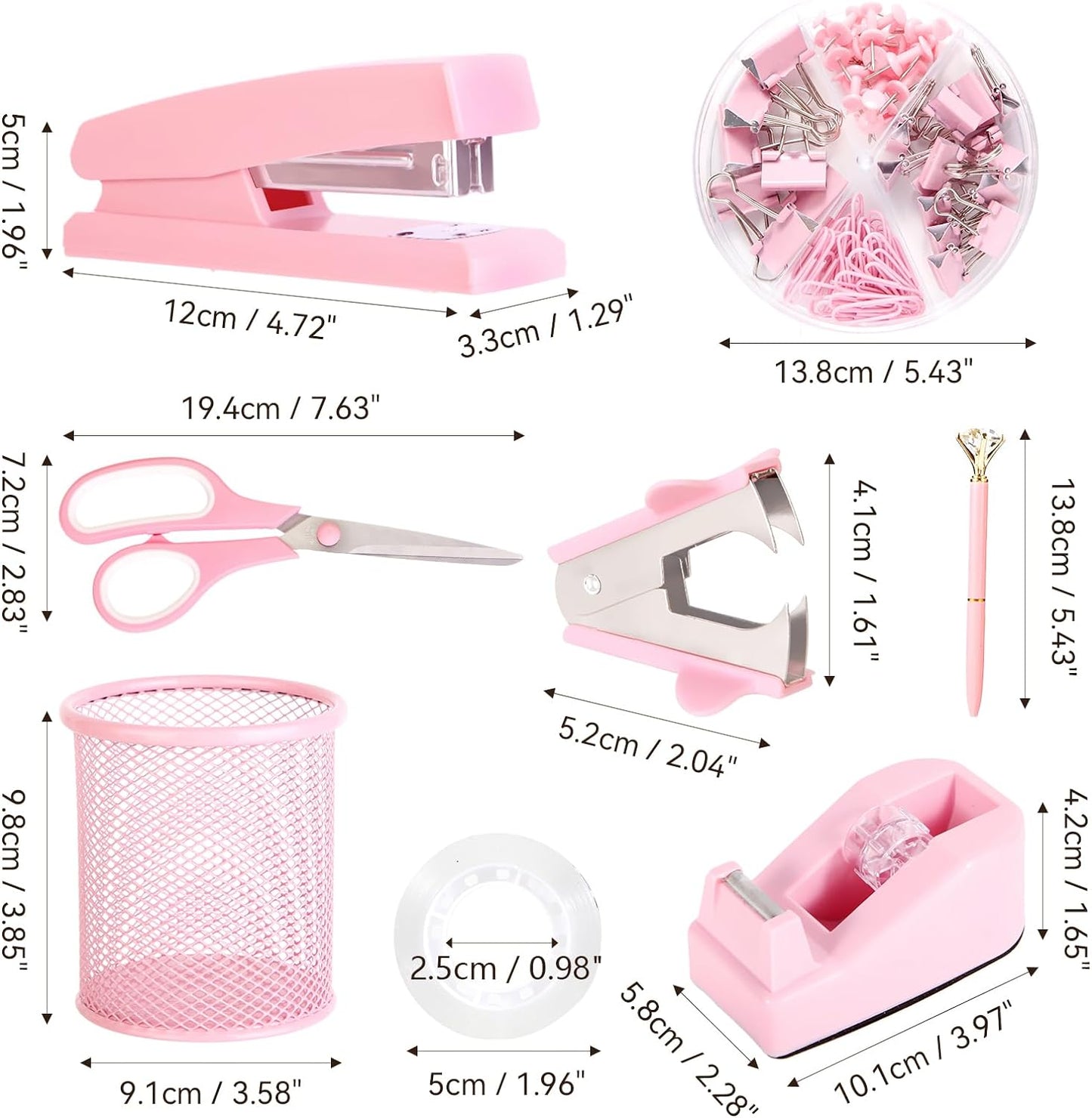 Pink Desk Accessories, Pink Office Supplies Set with Stapler, Tape Dispenser, Staple Remover, Pen Holder, Scissor, Binder/Paper Clips, Ballpoint Pen, Clear Tape and 1000pcs Staples