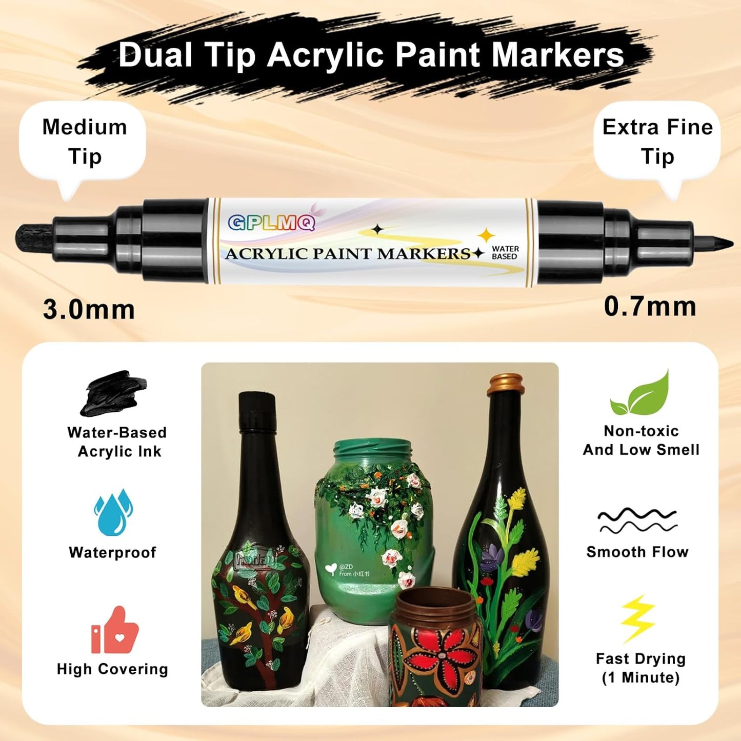 Paint Markers Paint Pens - 2 Pack Dual Tip Acrylic Permanent Marker (0.7mm & 3mm), Non-Toxic, Water-Based for Art Painting, Stone, Ceramic, Glass, Wood, Fabric, Metal, DIY Crafts (Black)