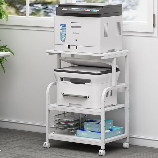 White Printer Stand with Storage, 3 Tier Printer Table with Height Adjustable Shelf, Rolling Printer Cart with Wheels for Home Office Organization