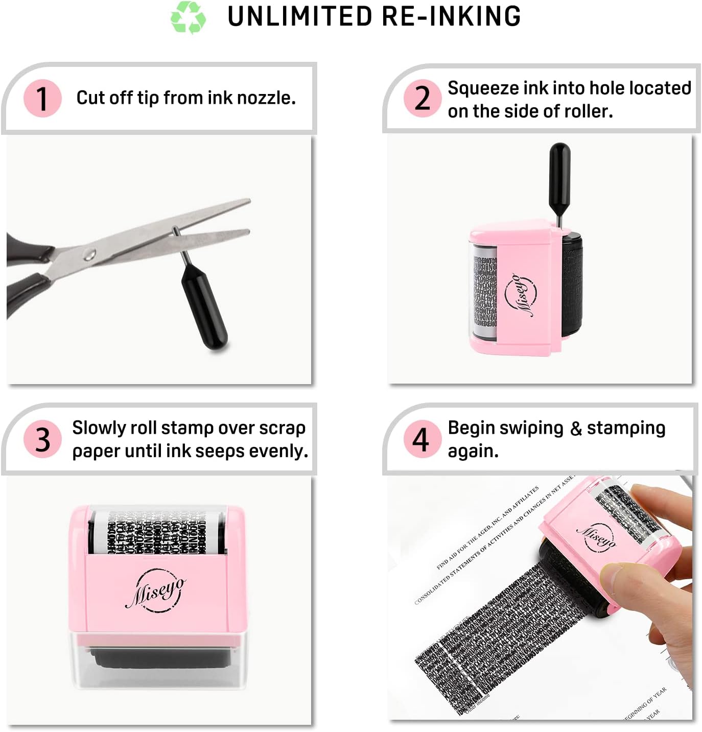 Miseyo Wide Identity Theft Protection Roller Stamp Set - Pink (3 Refill Ink Included)