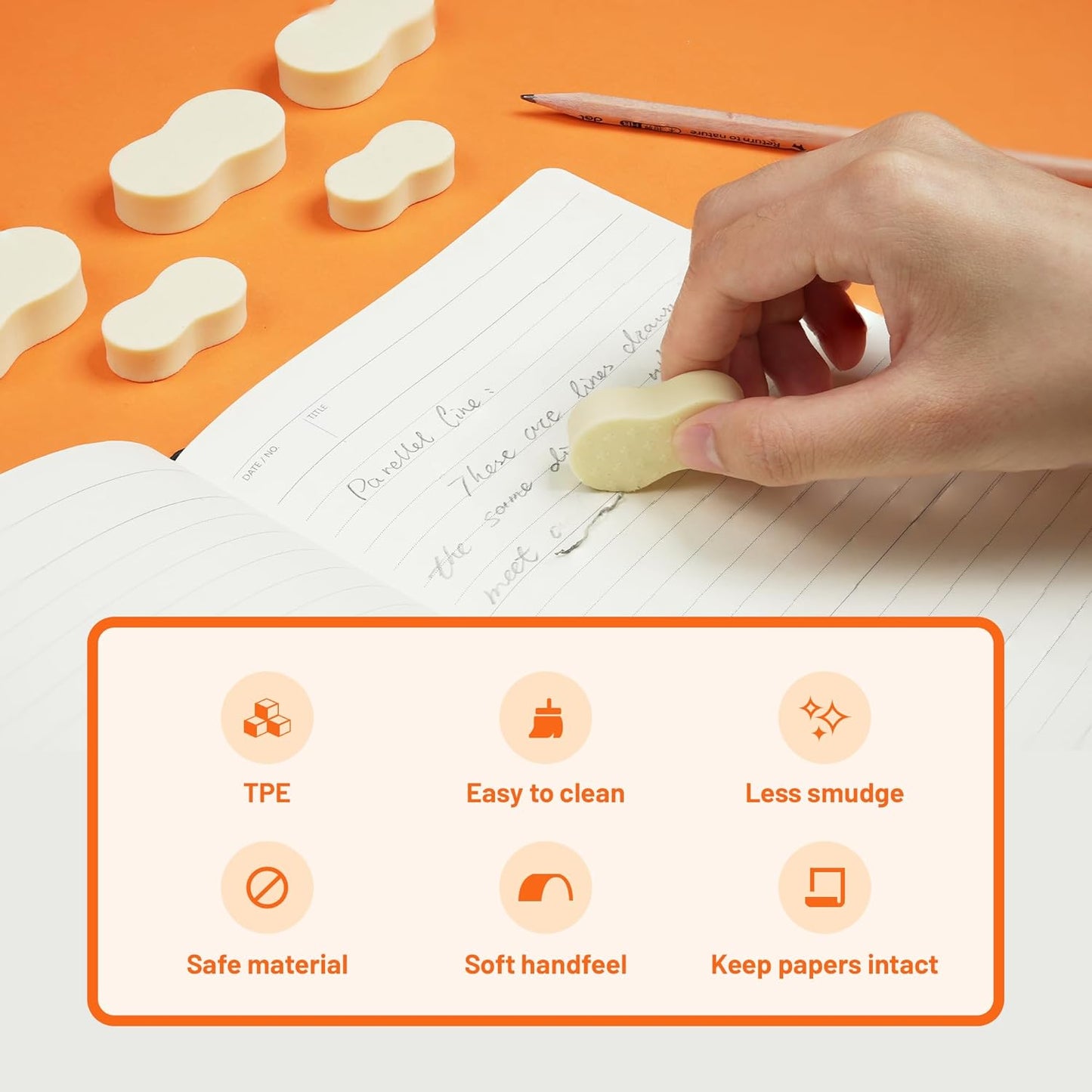 Yplus Eraser Line - Hipolymer Pencil Erasers for School Office, Cute White Rubber Eraser for Kids, Artist No Residues, 6 Pcs Multicolors