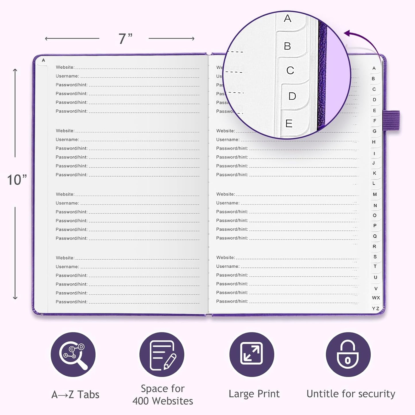 JUBTIC Password Book with Individual Alphabetical Tabs, 7"x10" Internet Password Keeper Book for Seniors, Password Notebook and Organizer/Notes Section,Purple