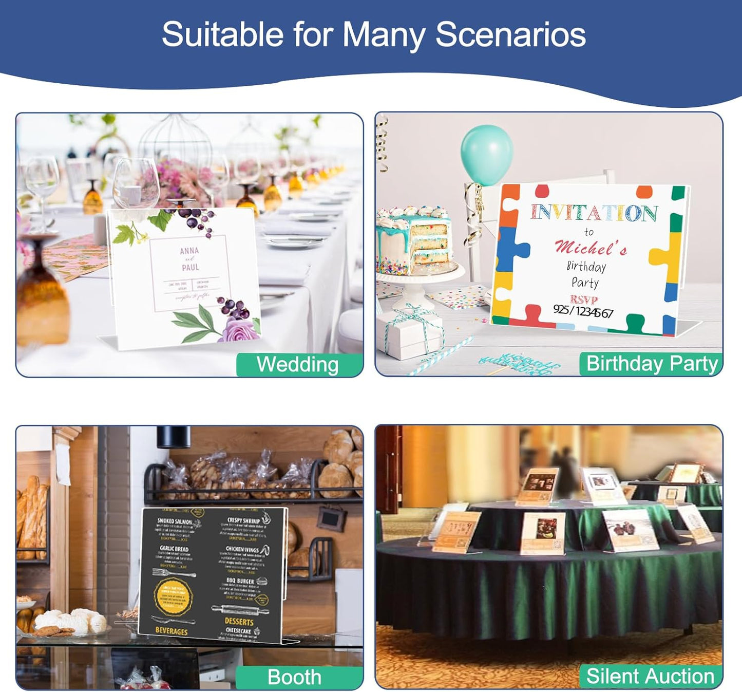 Slanted Back Acrylic Sign Holder 6 x 4, Acrylic Stands for Display Frame, Clear Plastic Tabletop Paper Sign Holder for Office, Home, Restaurant (6 Pack 6x4 Inches)