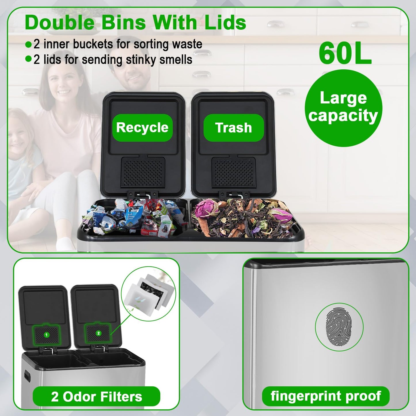 PayLessHere Trash Can, 16 Gallon (2x8G) 60 Liter Rectangular Trash Cans Stainless Steel Step Trash Can with Inner Buckets and Hinged Lids, Suitable for Kitchen Office Home Use,Silver