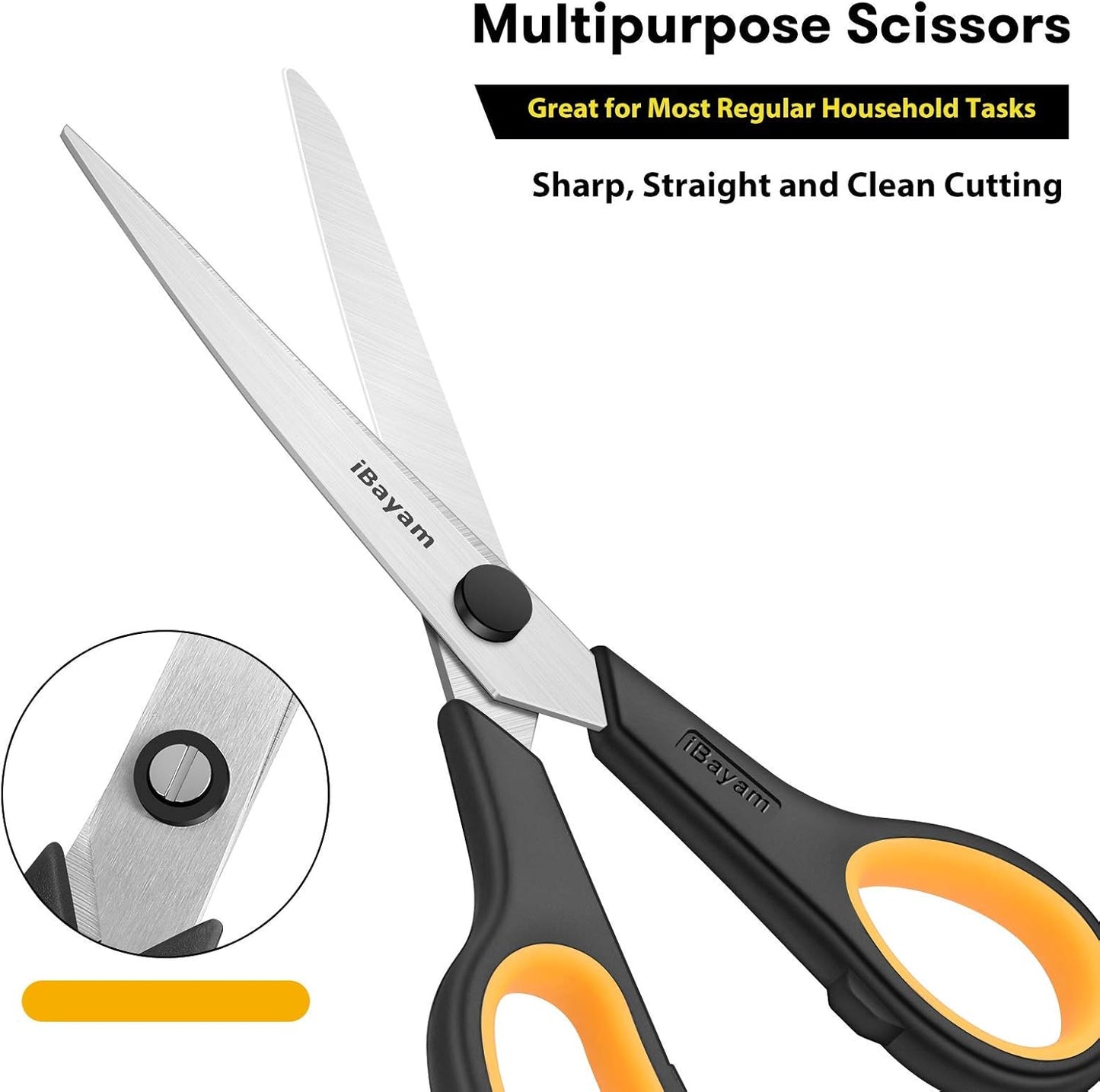 Scissors All Purpose, iBayam 8" Heavy Duty Scissors Bulk 3-Pack, 2.5mm Thickness Ultra Sharp Blade Shears with Comfort-Grip Handles for Office Home School Sewing Fabric Craft Supplies, Right/Left Hand