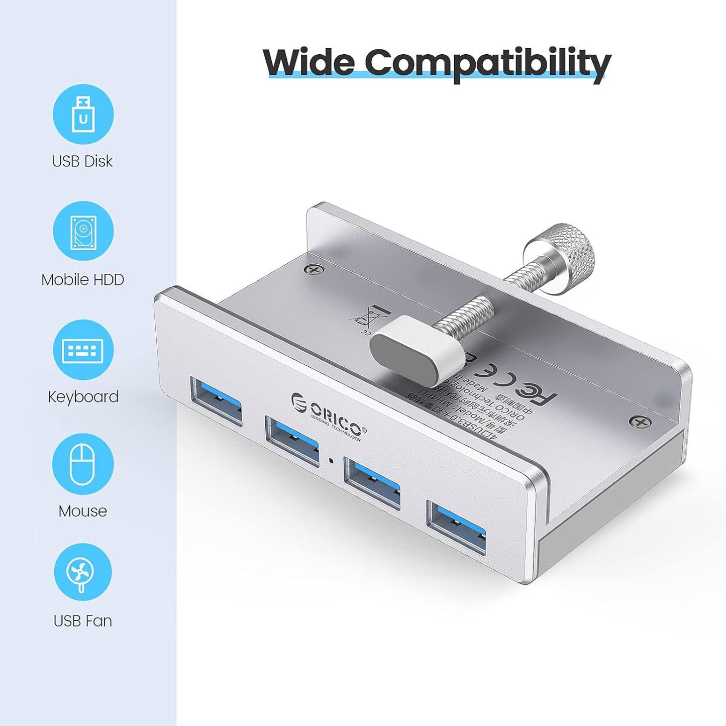ORICO USB 3.0 Hub, USB Hub Clamp, Aluminum 4-Port USB Splitter with 4.92 FT USB Data Cable, Desktop Powered USB Hub for Monitors/Desks-Silver (Without Power Adapter)