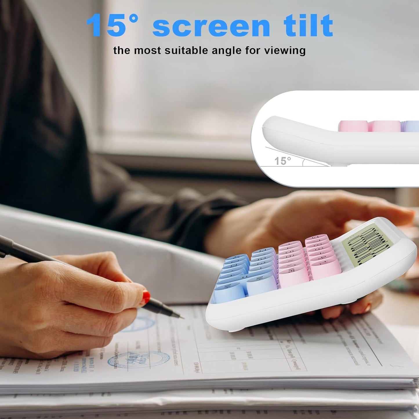 Mechanical Calculator 12 Digit Extra Large 5-Inch LCD Display, DECKLIT Battery Desk Calculator, Big Buttons Easy to Press Office Calculators Desktop, 15°Tilt Screen for Kids Calculator(Colourful)