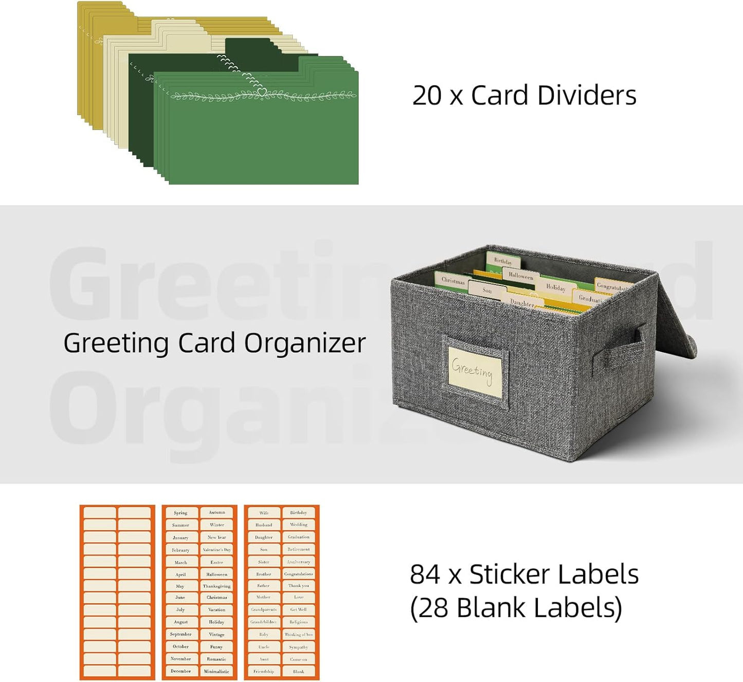 Vienrose Greeting Card Organizer Storage Box with 20 Removable Dividers, 84 Self-stick Labels, Perfect for Photos, Envelopes, Scrapbooking, Paper, Stickers Holder 1 Pack Grey