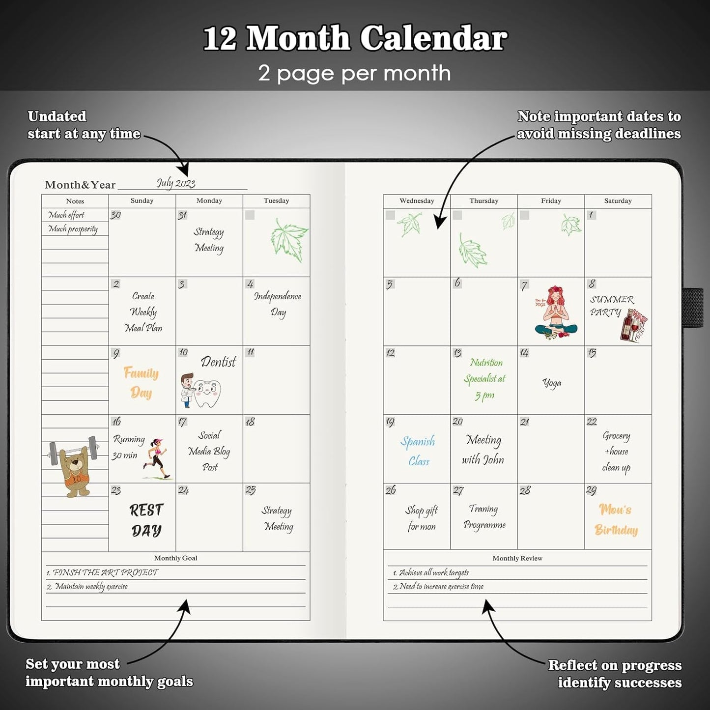 Daily Planner Undated, Planner 2024-2025, 365 Day Planne, Work Planner for Men, Hourly Planner Notebook for Goal Setting, Appointment Planner, Hardcover, Start Anytime, A5, Black