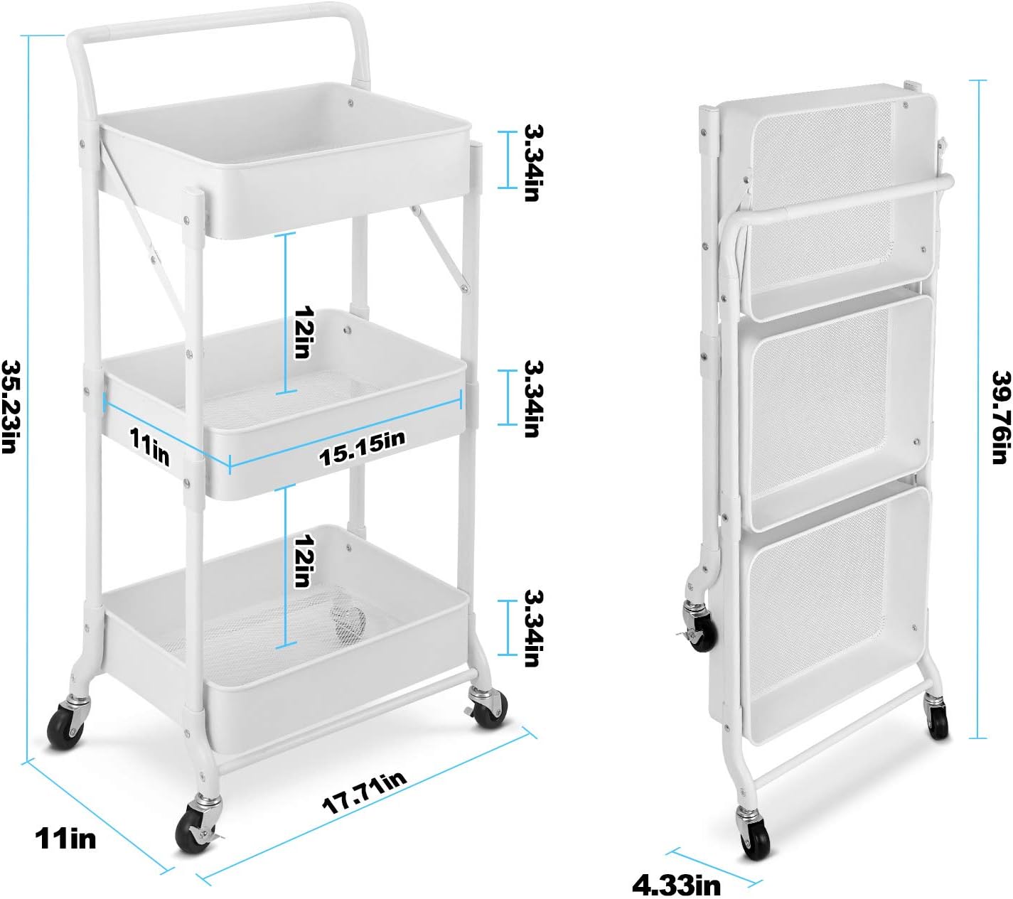 Foldable 3 Tier Metal Utility Rolling Cart, Folding Mobile Multi-Function Storage Trolley Organizer Cart for Home Library Office(White)