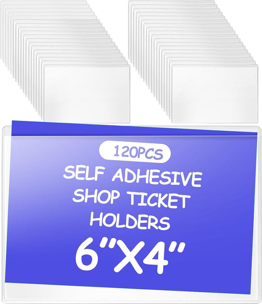 Outus Self Adhesive Shop Ticket Holders Clear Plastic Sleeves Adhesive Pockets Work Order Job Ticket Holders for Home Office Posting Signs(6 x 4 Inch,120 Pcs)