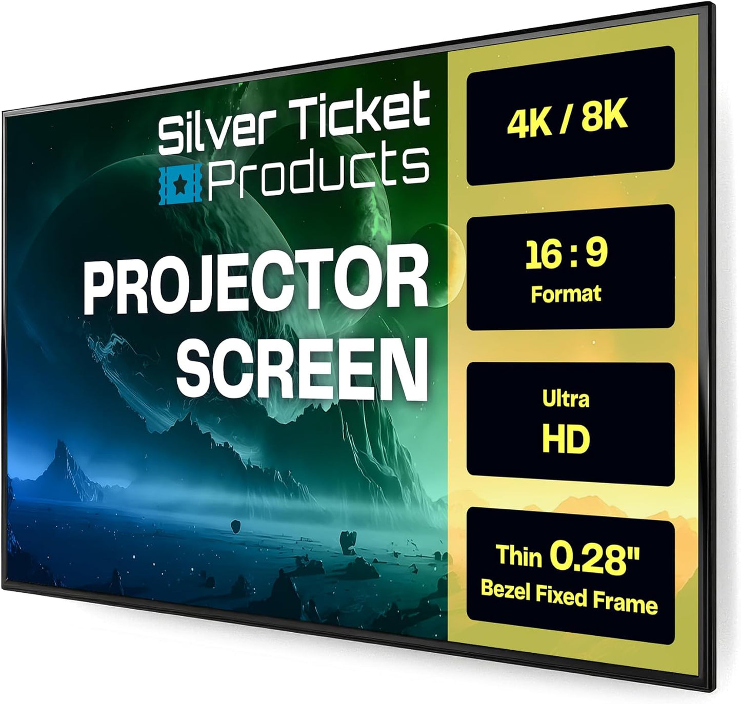 Silver Ticket Products S7 Series 6 Piece Thin Bezel Home Theater Fixed Frame 4K/8K Ultra HD, HDTV, HDR & Active 3D Projection Screen, 16:9 Format, 128" Diagonal, Grey Material S7-169128-G