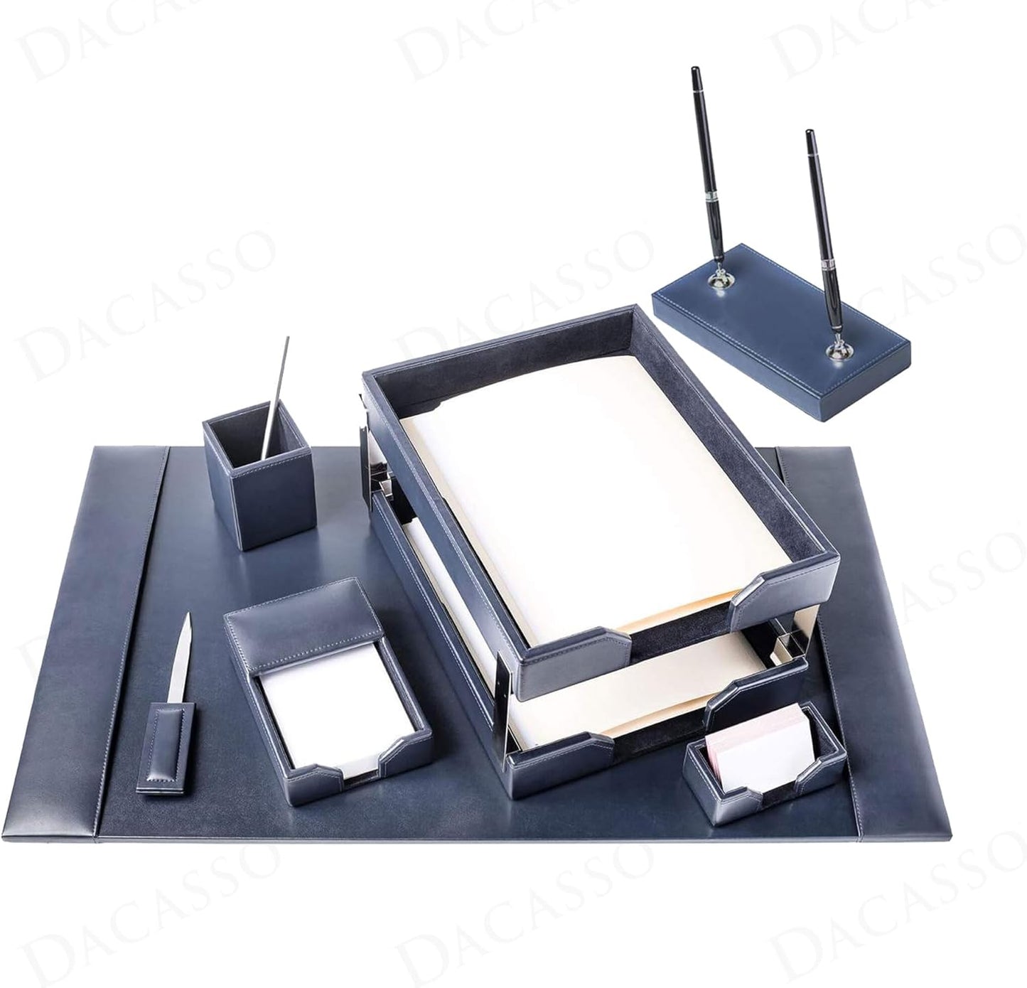Dacasso Navy Blue Bonded Leather Luxury 9-Piece Desk Set - Blotter Pad & Desk Organization Essentials - Executive Decor and Surface Protector