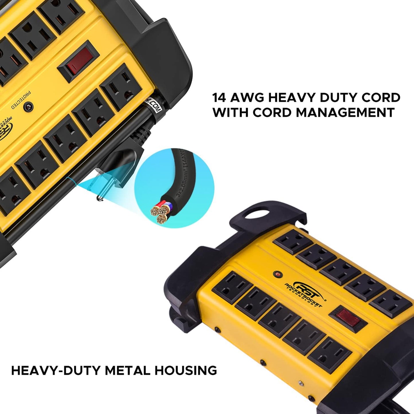 CRST Heavy Duty Surge Protector Power Strip 10-Outlet Metal Industrial Power Strip with 2800 Joules, 15A Circuit Breaker, 14 Gague 6ft Extension Cord for Workshop, Garage, Office, School…