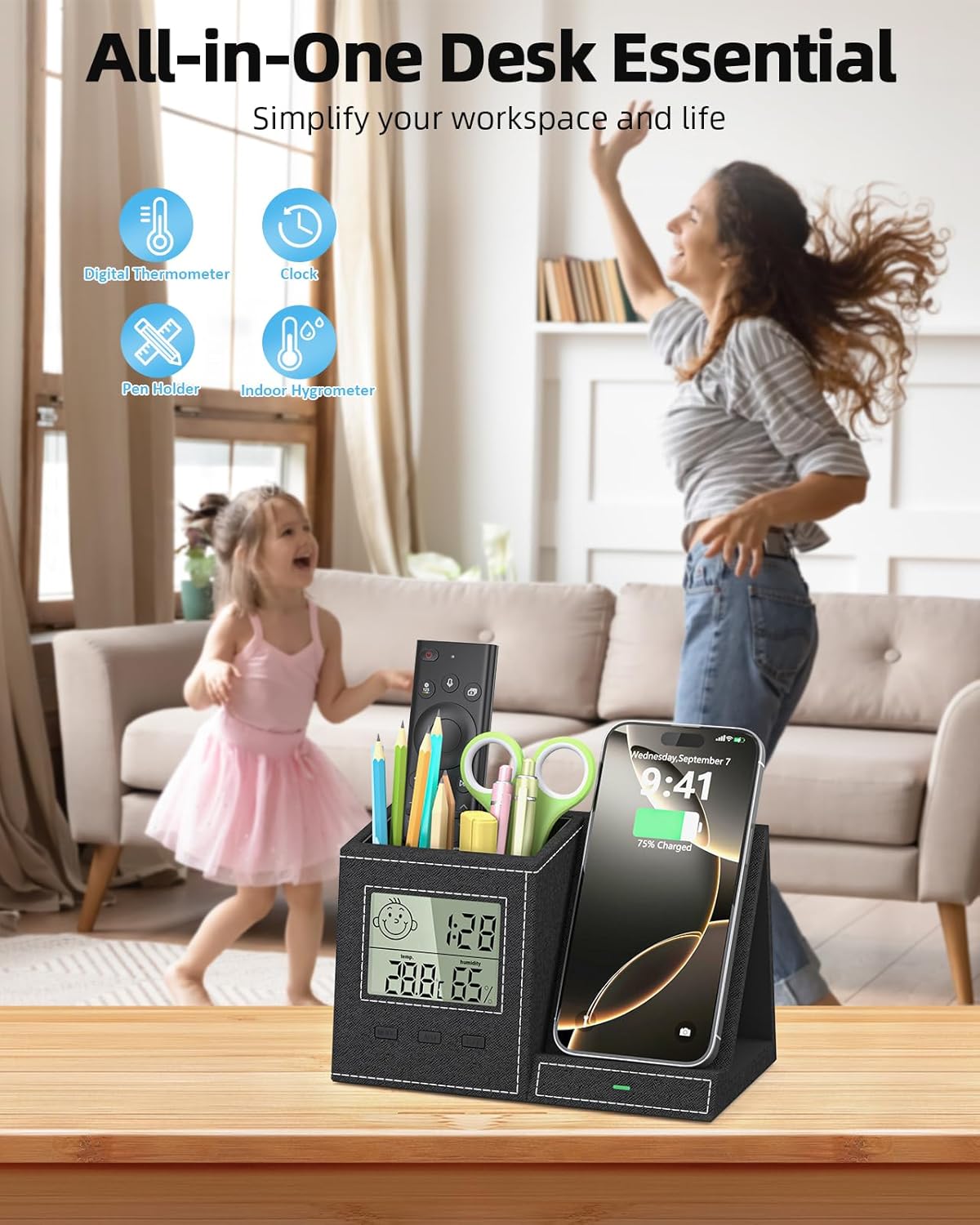 Multifunctional Pen Holder and Organizer for Desk with Wireless Charger, Digital Indoor Thermometer and Humidity Gauge, Home Office Organizers and Storage (Battery Included)