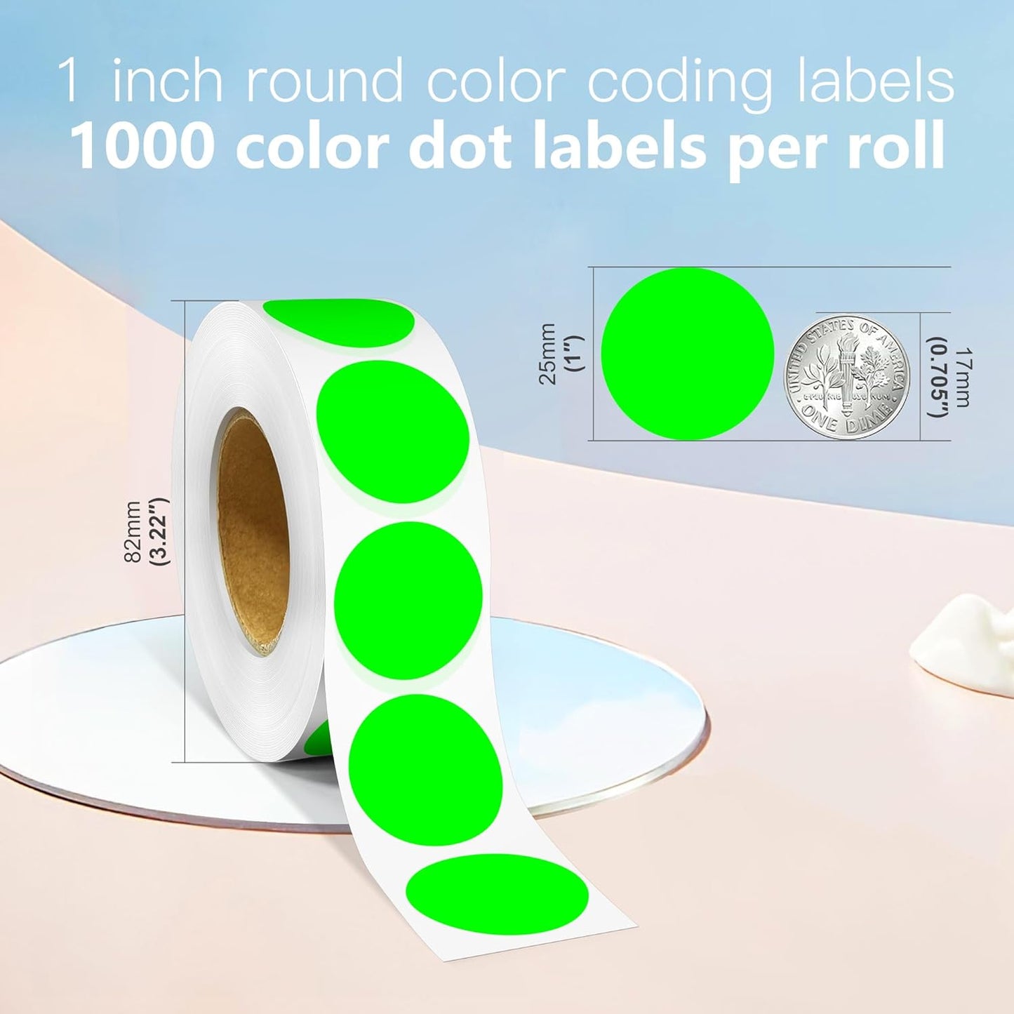 1 Inch Round Color Coding Labels, 1000 Dots Per Roll Fluorescent Green Color Coded Dot Stickers, Round Color Dot Labels for Organizing, Filing, and Storage