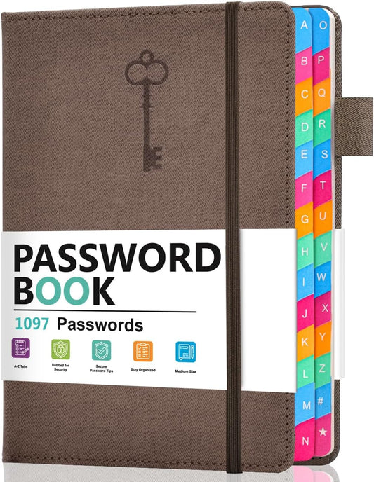 Password Keeper Book with Colorful Alphabetical Tabs, Hardcover Password Log-book for Internet Password and Website Address, 5.8"×8.4" Password Notebook for Home Office (Chocolate, Medium (5.8 x 8.4 Inch))