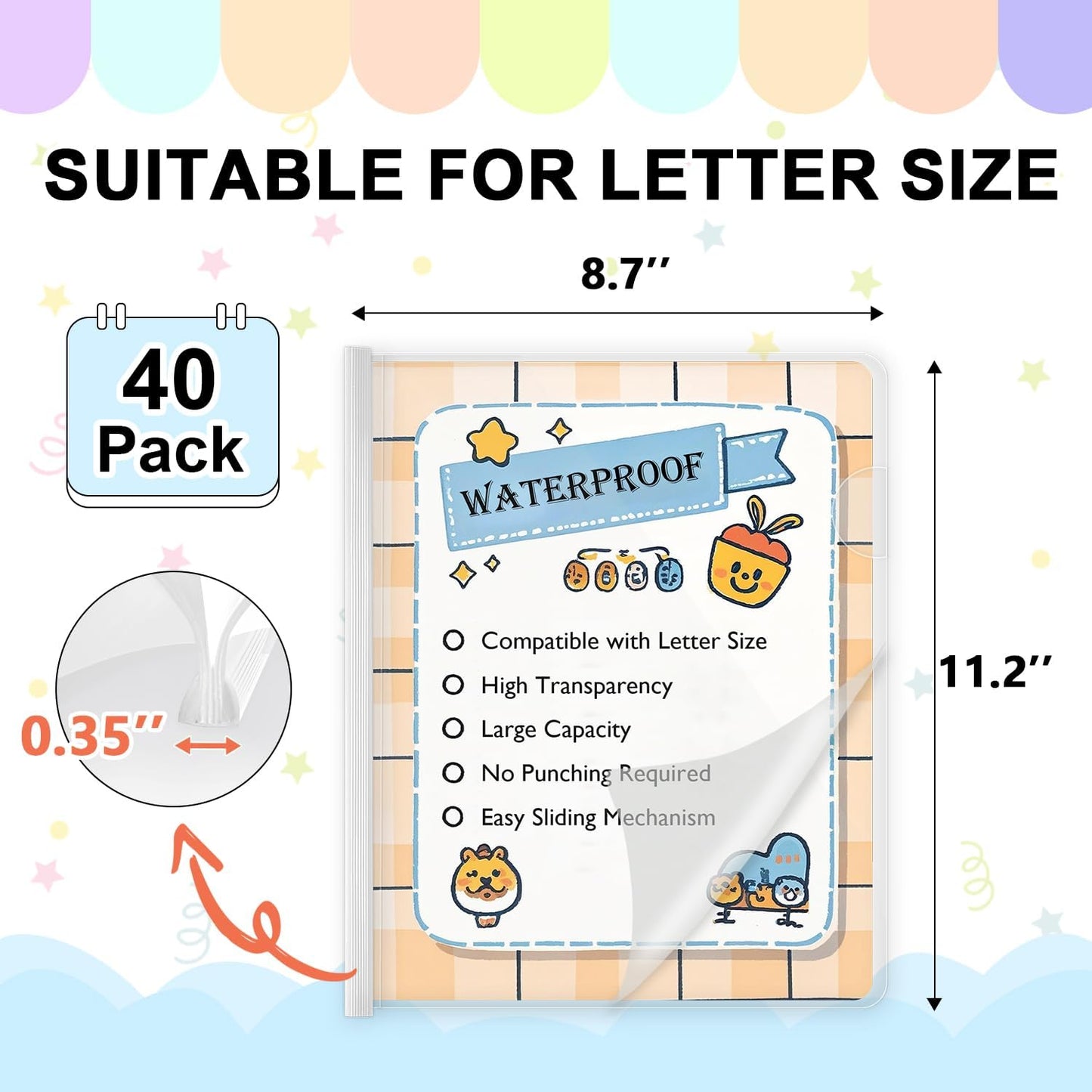 TOTiyea 40 Pack Clear Report Covers with Sliding Bars, Letter Size, 9mm (70 Sheet Capacity) White Sliding Bar File Folders