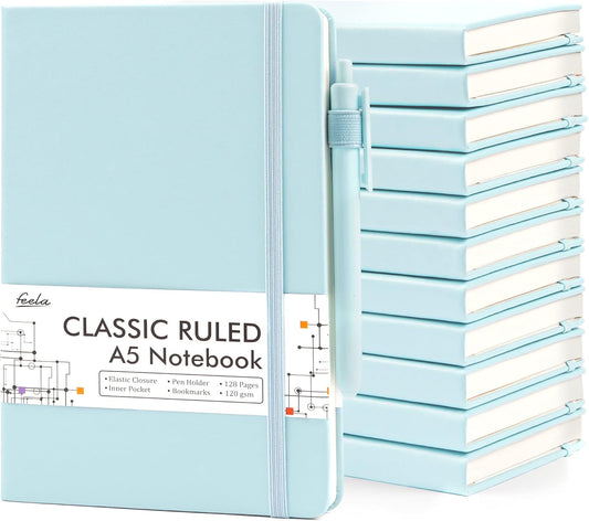 feela 12 Pack Notebooks Journals Bulk, Hardcover Notebook Classic Ruled Lined Journals with Pen Holder for Women Girls School Business Supplies, with 12 Black Pens, 120 GSM, 5.1”x8.3”, A5, Sky Blue