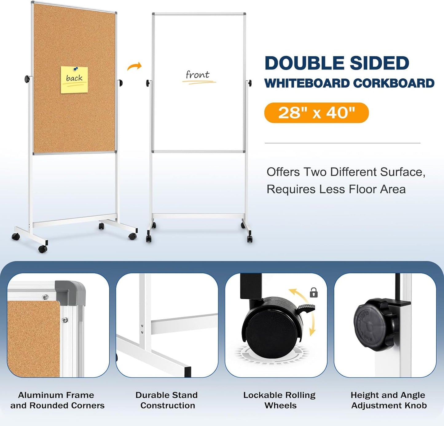 [15 Sq/ft] Large Rolling Whiteboard & Corkboard Combo with Stand, 28"x40" Reversible Double-Sided White Board Cork Board Combination, Mobile Dry Erase and Bulletin Boards on Wheels