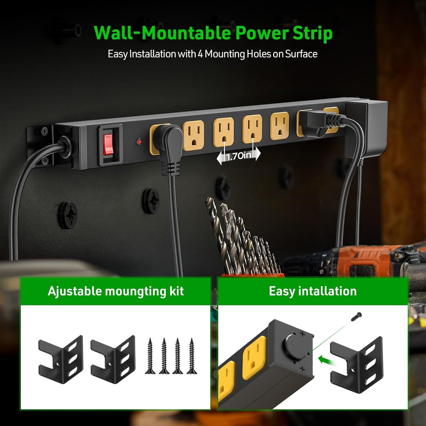 CRST 8 Outlet Metal Heavy Duty Power Strip, 2100 Joules Mountable Surge Protector Power Strip, Slim Power Bar with 6ft 14AWG Cord, ETL Listed