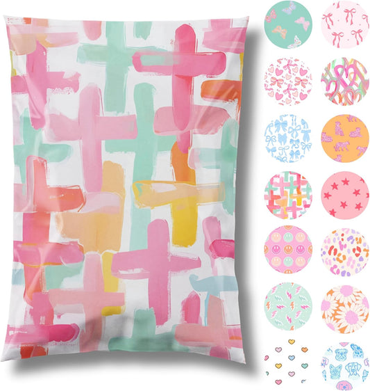 10x13 Designer Poly Mailer 100 Pack Heavy Duty Waterproof Self Seal Shipping Bags for Small Business Large Mailing Envelopes Bulk Tear Resistant Packaging Pastel Crosses Faith