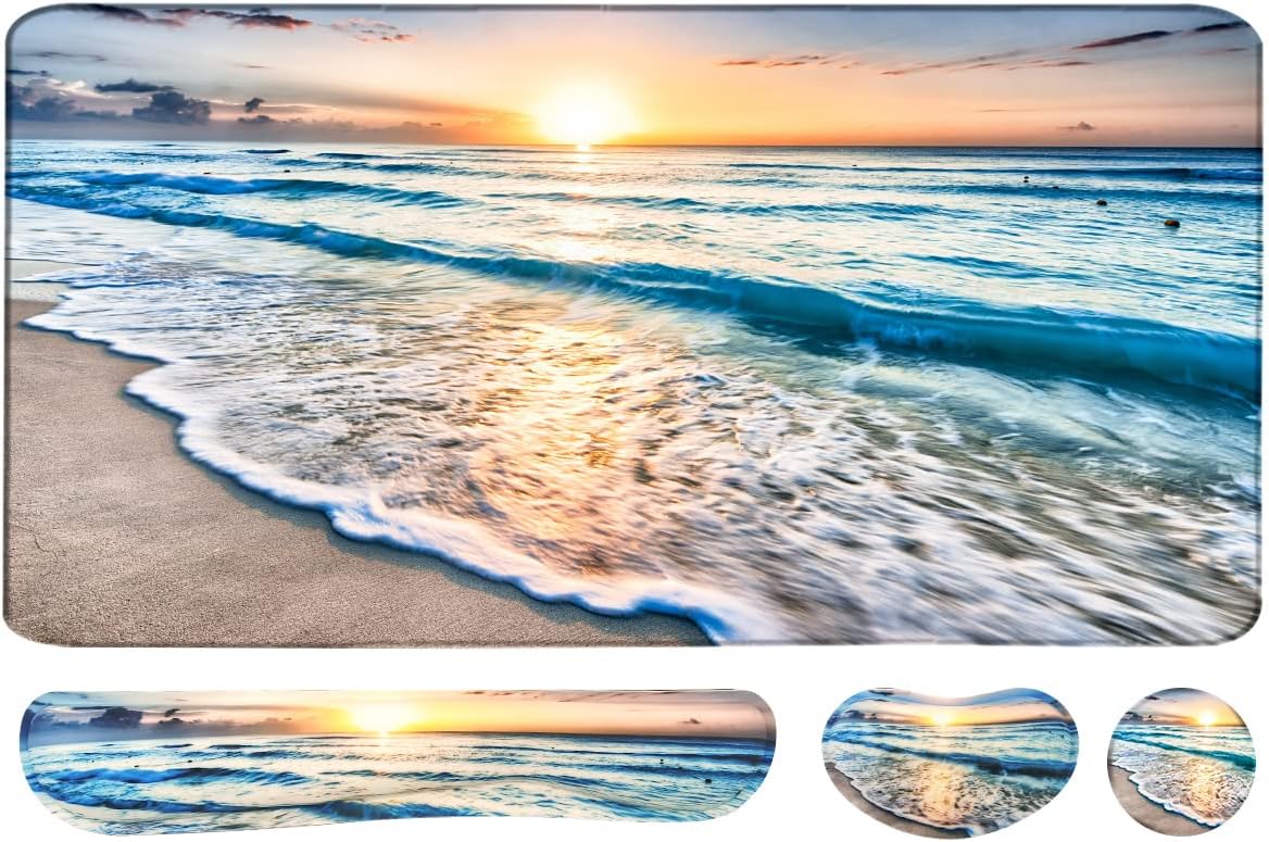 4-in-1 Large Gaming Mouse Pad, Keyboard Wrist Rest Pad & Wrist Support Mousepad Set, Extended Desk Pad Waterproof Desk Mat for Home Office Study Game-Beach