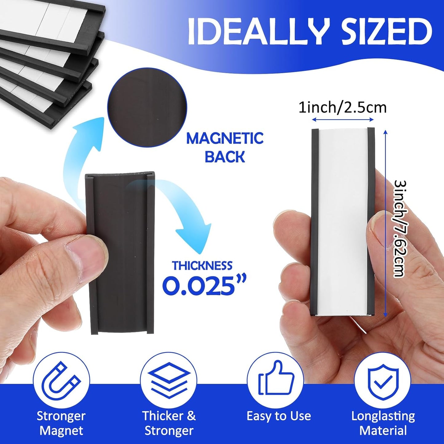 60 Pack Magnetic 'C' Channel Label Holders for Metal Racks and Shelves with Protective Films and Replacement Strips 3" x 1"