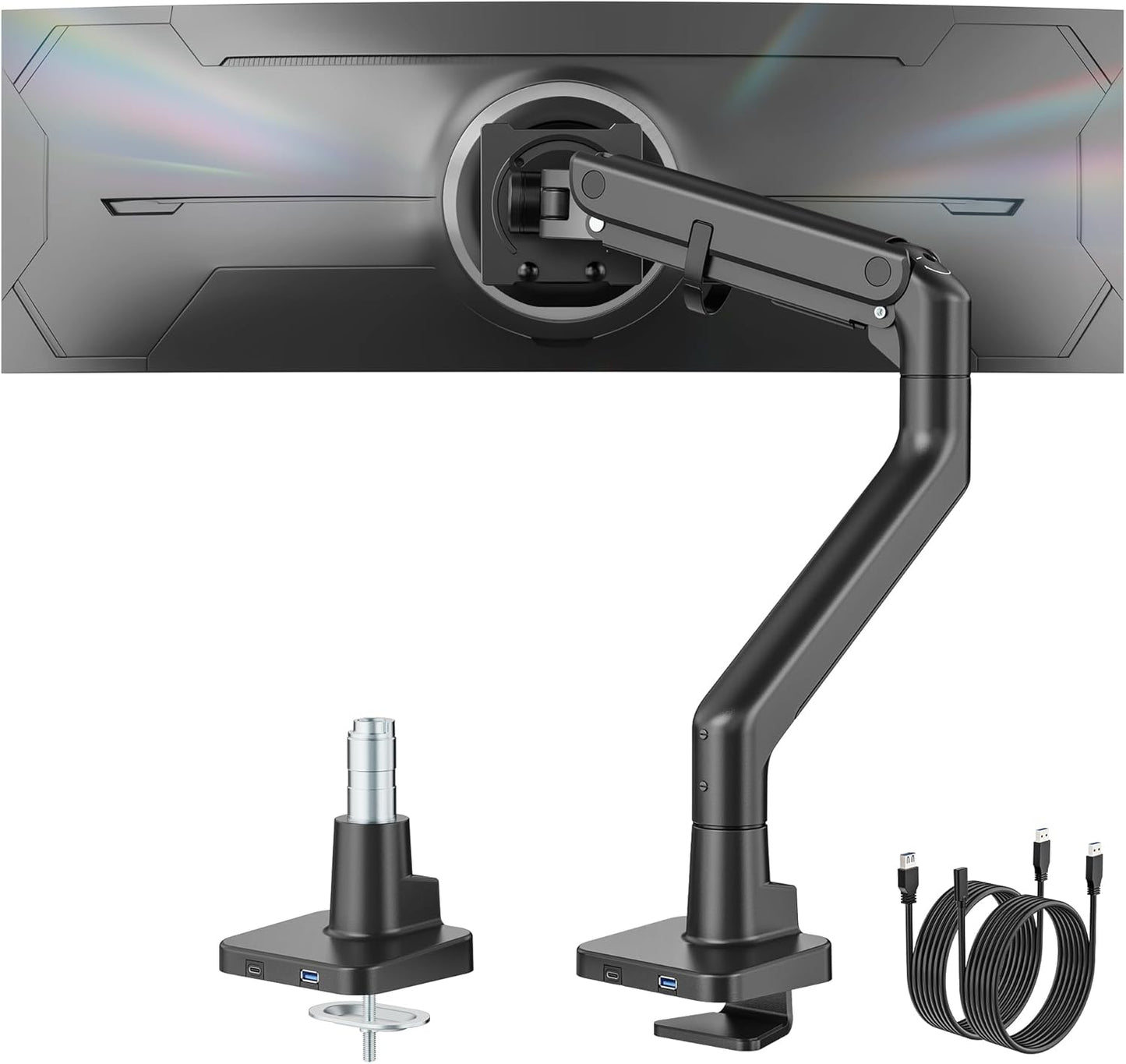 monTEK Single Monitor Arm with USB A/C, Ultrawide Monitor Stand for 17 to 57 Inch Curved Screen, Holds 59.4 lbs, Adjustable Gas Spring Arm, 75/100 VESA Mount, Clamp & Grommet Desk Mount, Black