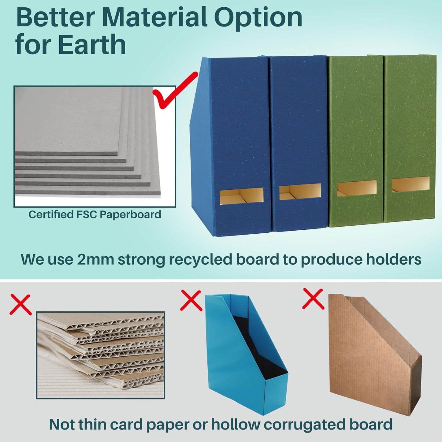 Magazine Holder - File Holder and Desk Organizer, Paperboard Book Organizer and Storage Box for Documents, Magazine Holder Rack for Classroom, Home, and Office (Leaf Green, 4-Pack)