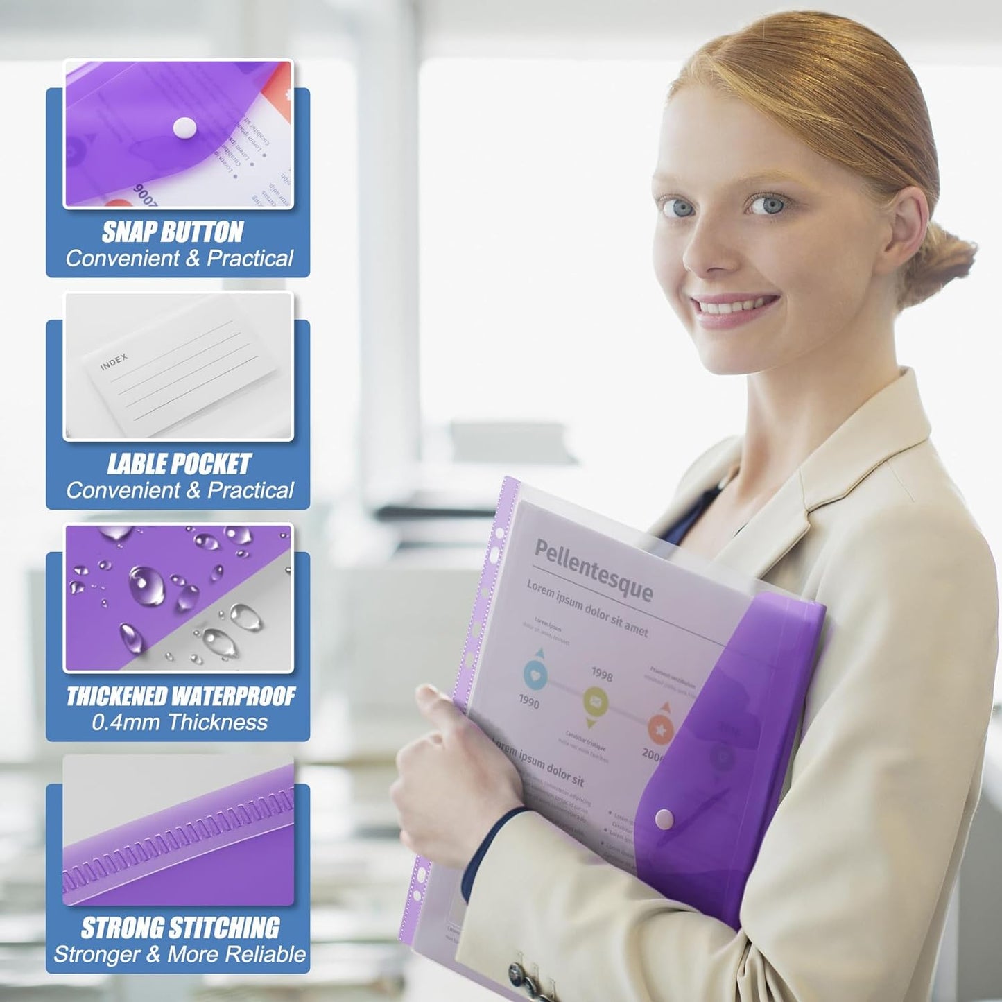 Binder Pocket Organizer Folders, 12 Pack Expandable Files Bag Plastic Envelopes Binder Folders with 11 Holes for 2/3/4 Ring Binder, Document Pouch with Snap Button and Label for School Office Home