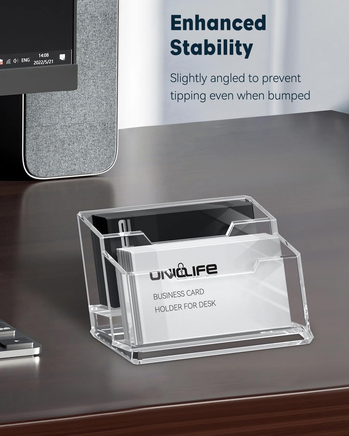 Uniclife Acrylic Business Card Holder for Desk 2 Slots Clear Business Card Display Stand for Men & Women Desktop Business Card Organizer Card Stand for Office Home Exhibition, 120 Card Capacity
