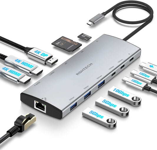 RSHTECH USB C Hub Docking Station Dual Monitor 12 in 1 Triple Display Multiport Adapter with 2 HDMI, 4K DP, 3 USB 3.2 10Gbps, 2 USB 3.0 Ports, 100W PD, Gigabit Ethernet, SD/TF for MacBook, Laptops